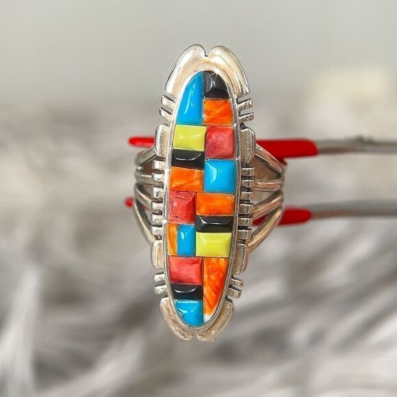 Sterling Multicolor Mosaic Stones Ring - Picture 3 of 10